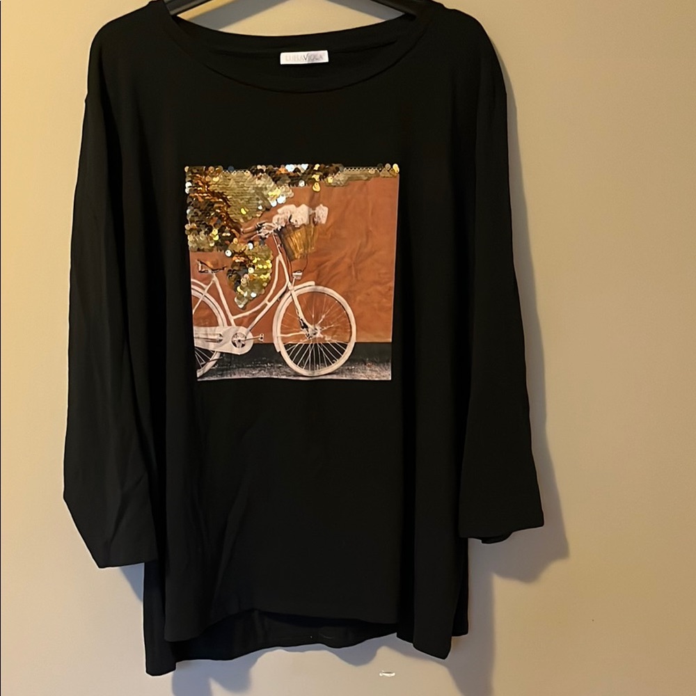 Luisa Viola Black Long Sleeve Top with Bicycle Print and gold sequence